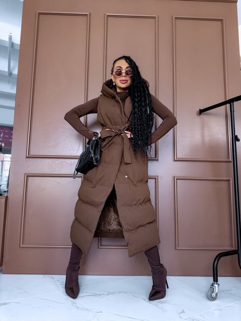Long, chocolate brown vest with tie belt